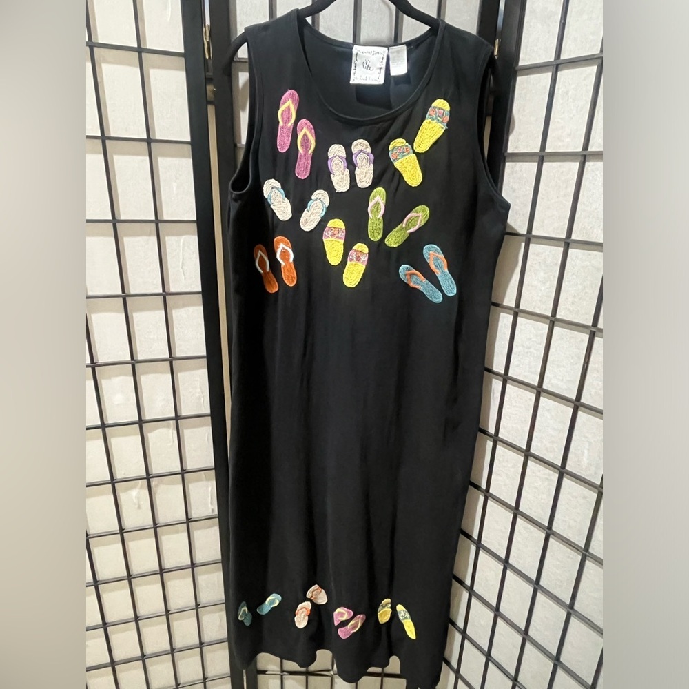 Michael Simon Black MAXI TANK DRESS with EMBROIDERED FLIP FLOPS, WOMEN SIZE L